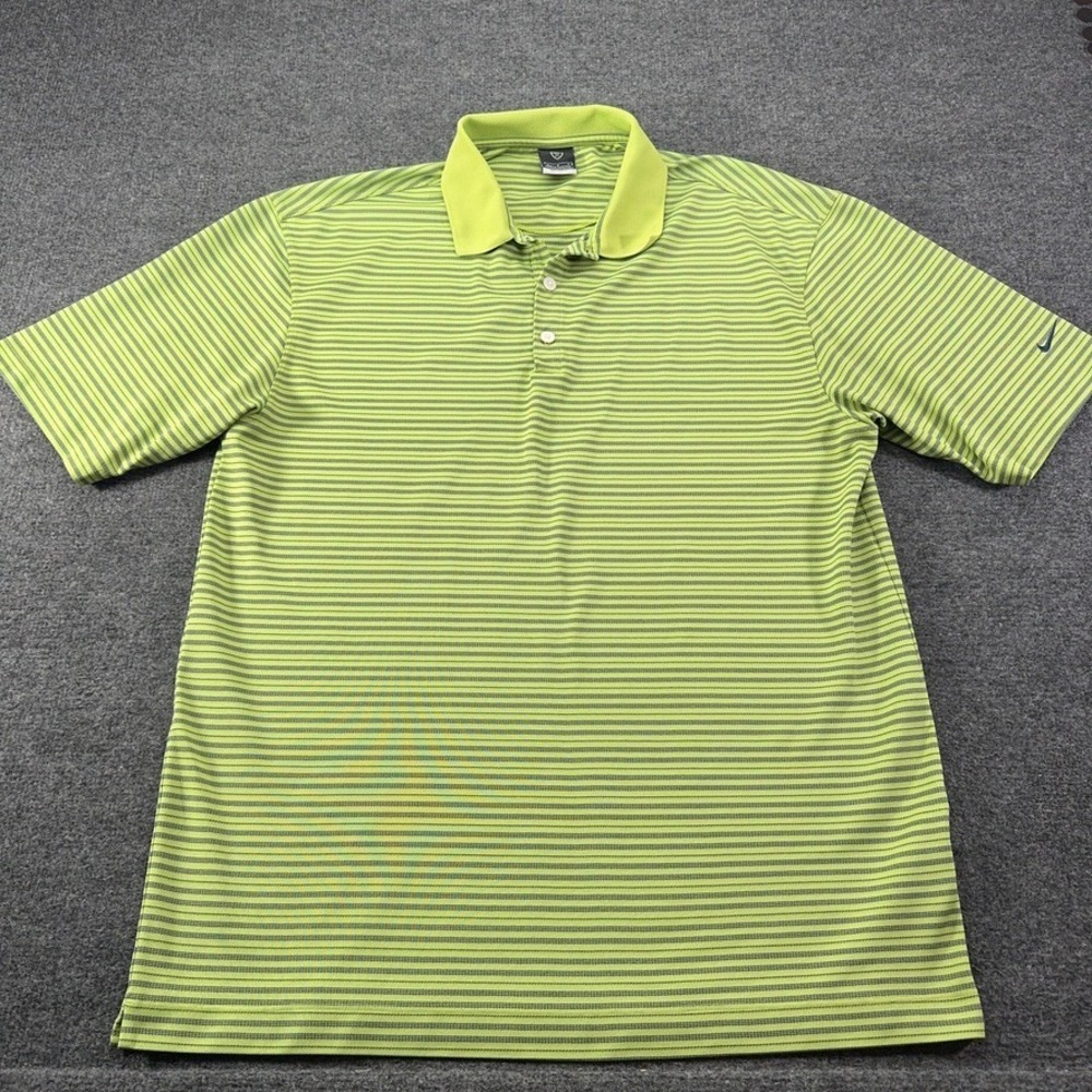 Nike Golf Dri-FIT UV Polo Shirt Mens Large Lime Green Navy Blue Striped